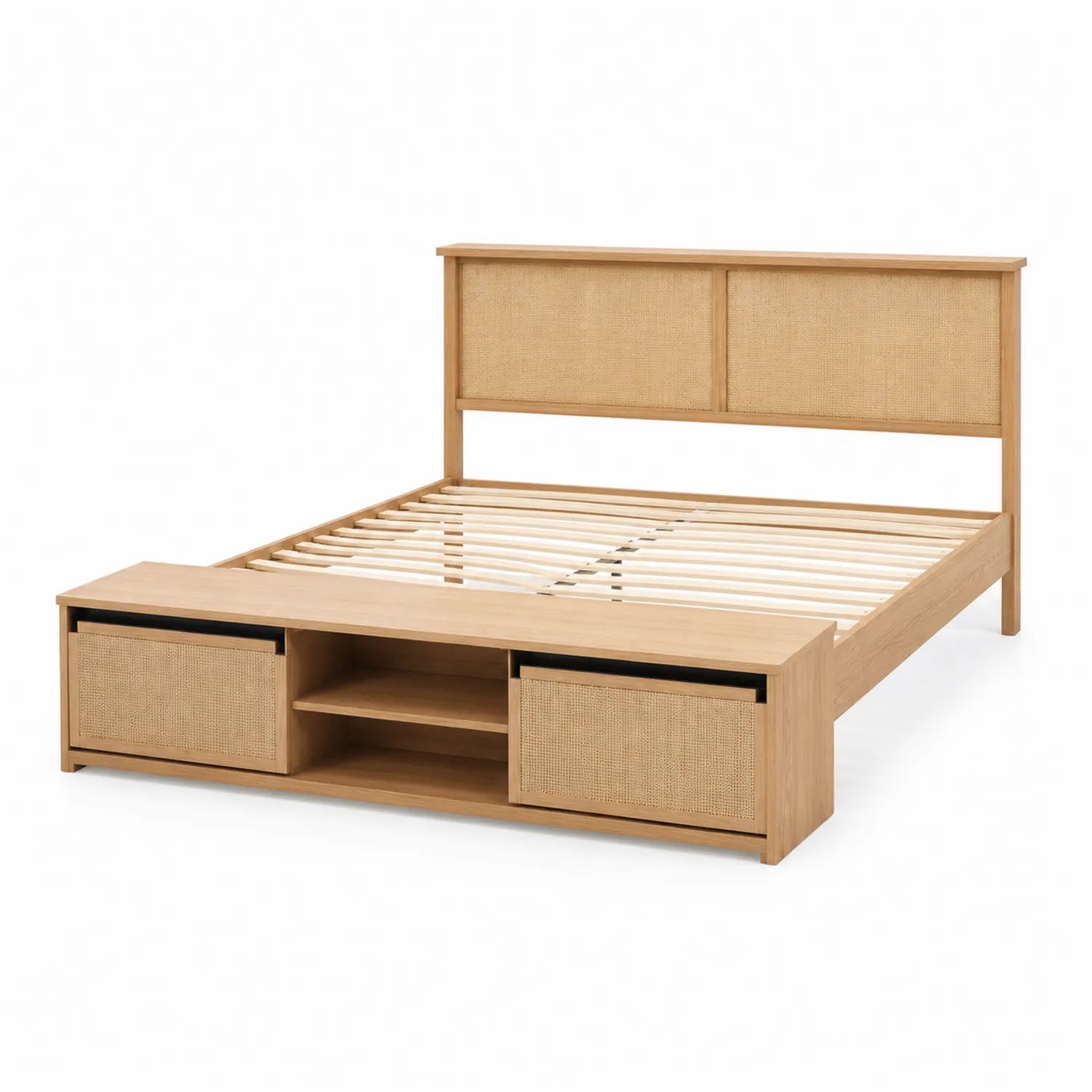 Doppelbett aus Eichenholz und Rattan mit Stauraum 200x160 cm
